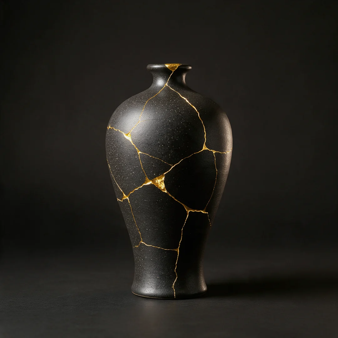A ceramic vase that reassembles and is mended with gold, in the Japanese art of Kintsugi