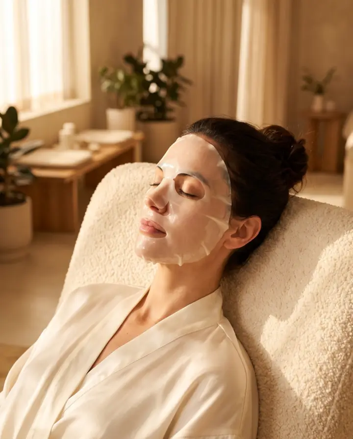 KinAura Labs bio-collagen mask turning transparent during application
