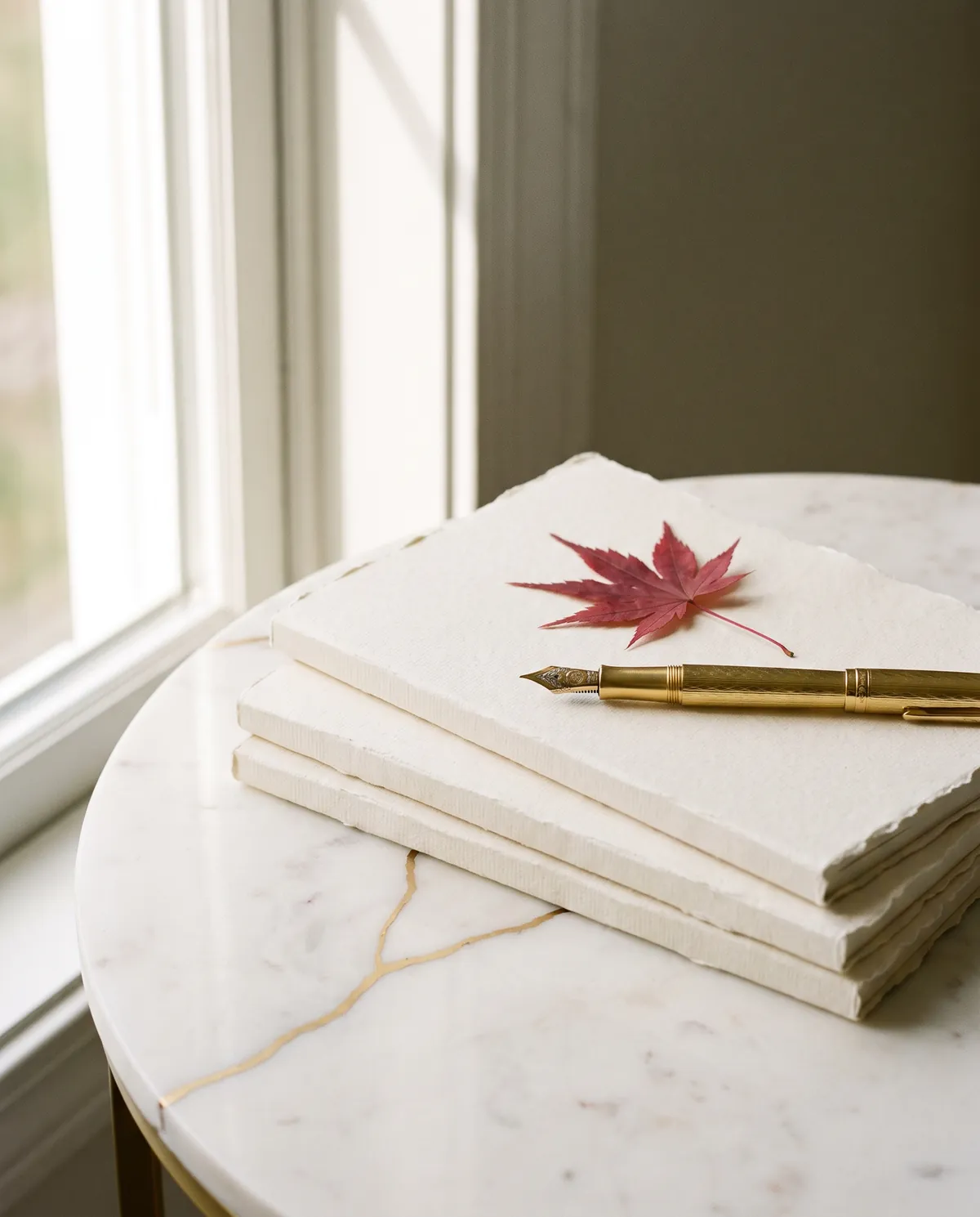 Tre quaderni color avorio, una penna d'oro e una foglia d'acero rossa su un tavolo di marmo con una venatura kintsugi
