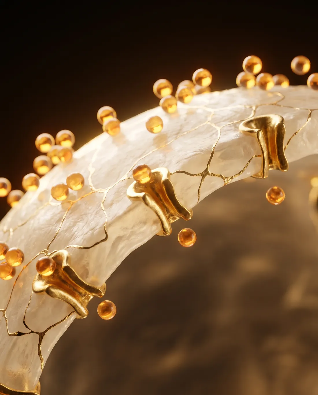 Ricostruzione 3D di una membrana cellulare avorio con piccoli recettori d'oro e molecole di glucosio ambrate che faticano a entrare