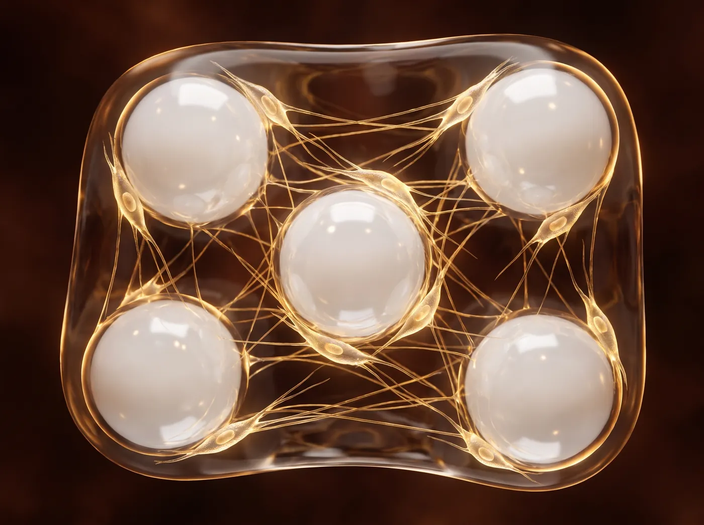 Ricostruzione 3D: microsfere di idrossiapatite di calcio nel derma, con fibroblasti che tessono collagene ed elastina