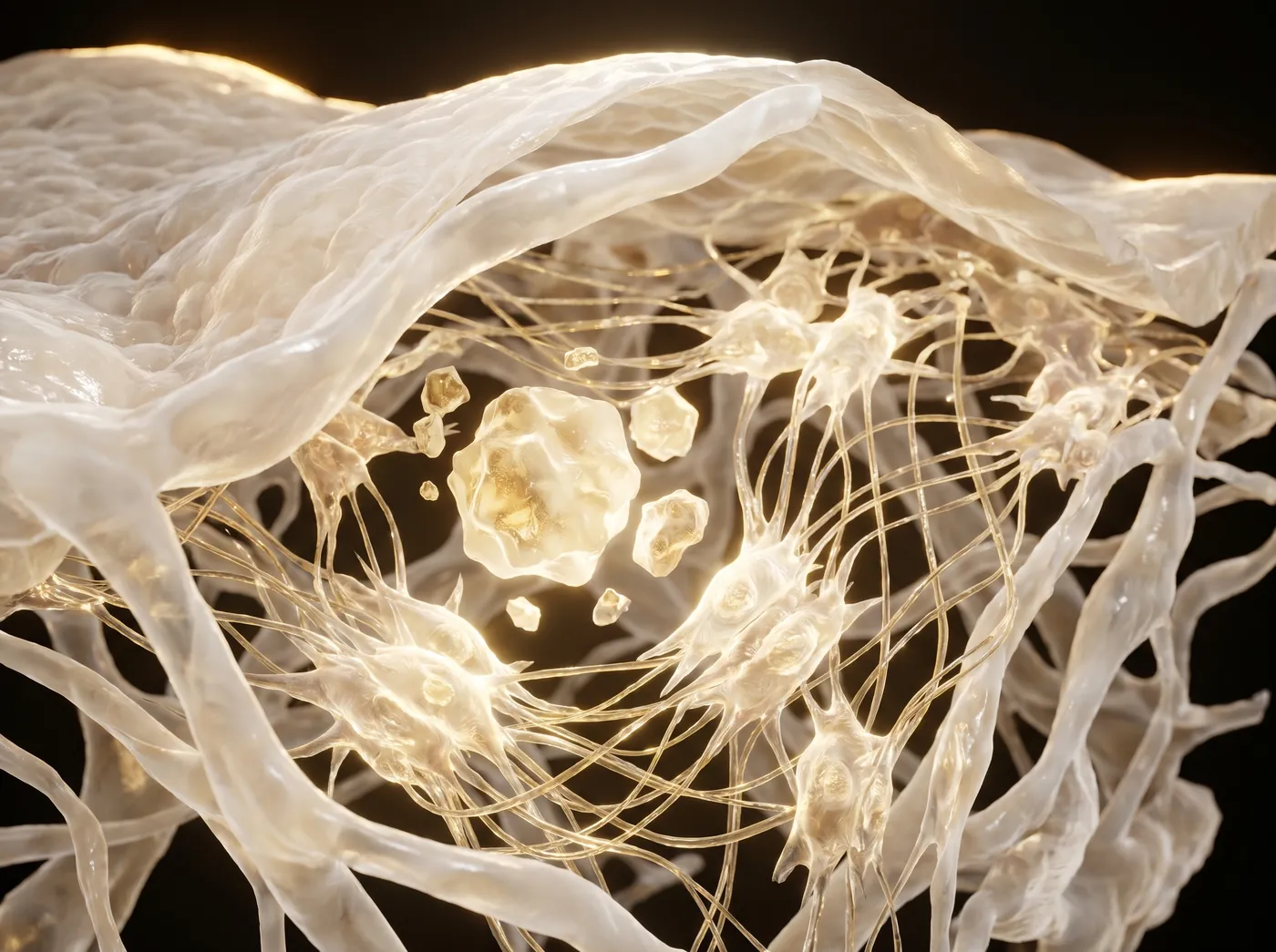 Ricostruzione 3D: microparticelle di acido polilattico che si sciolgono nel derma mentre i fibroblasti producono nuove fibre di collagene