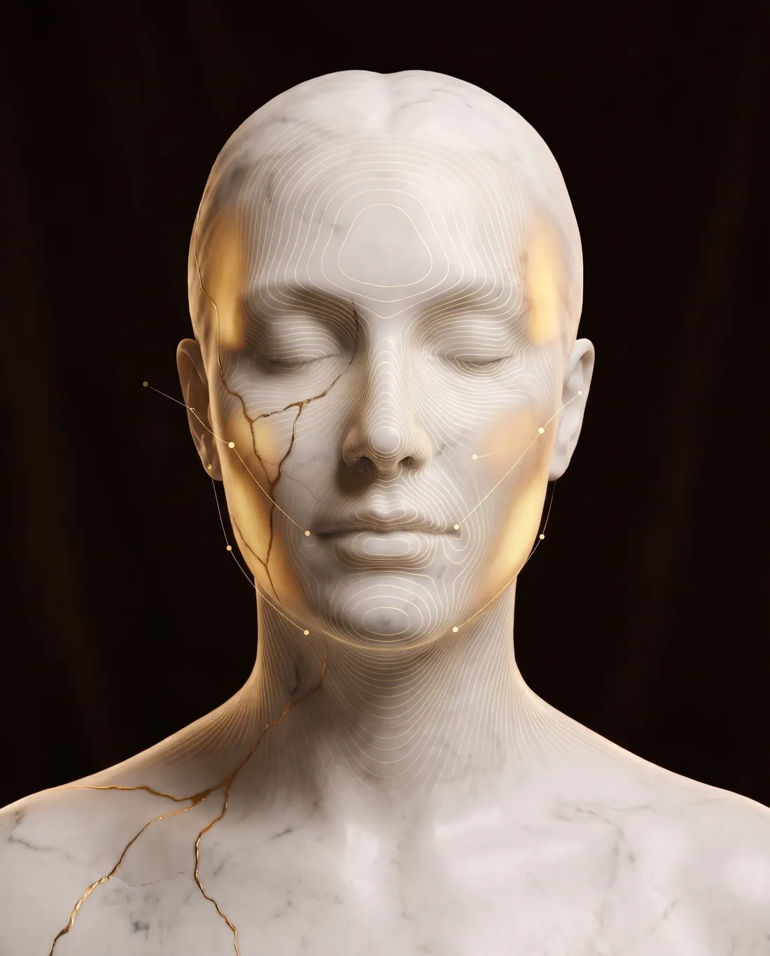 Risultato della scansione 3D dei volumi: curve di livello e aree di volume perso su tempie, zigomi e mandibola