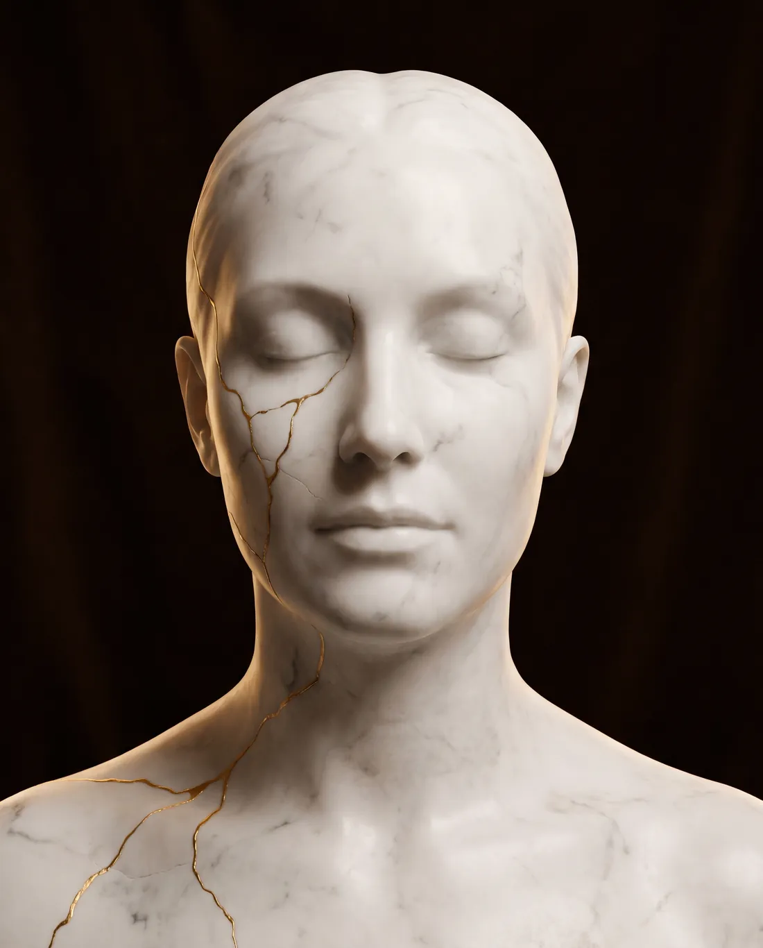 Busto in marmo con le zone dei biostimolatori: zigomi, guance, ovale, tempie e collo