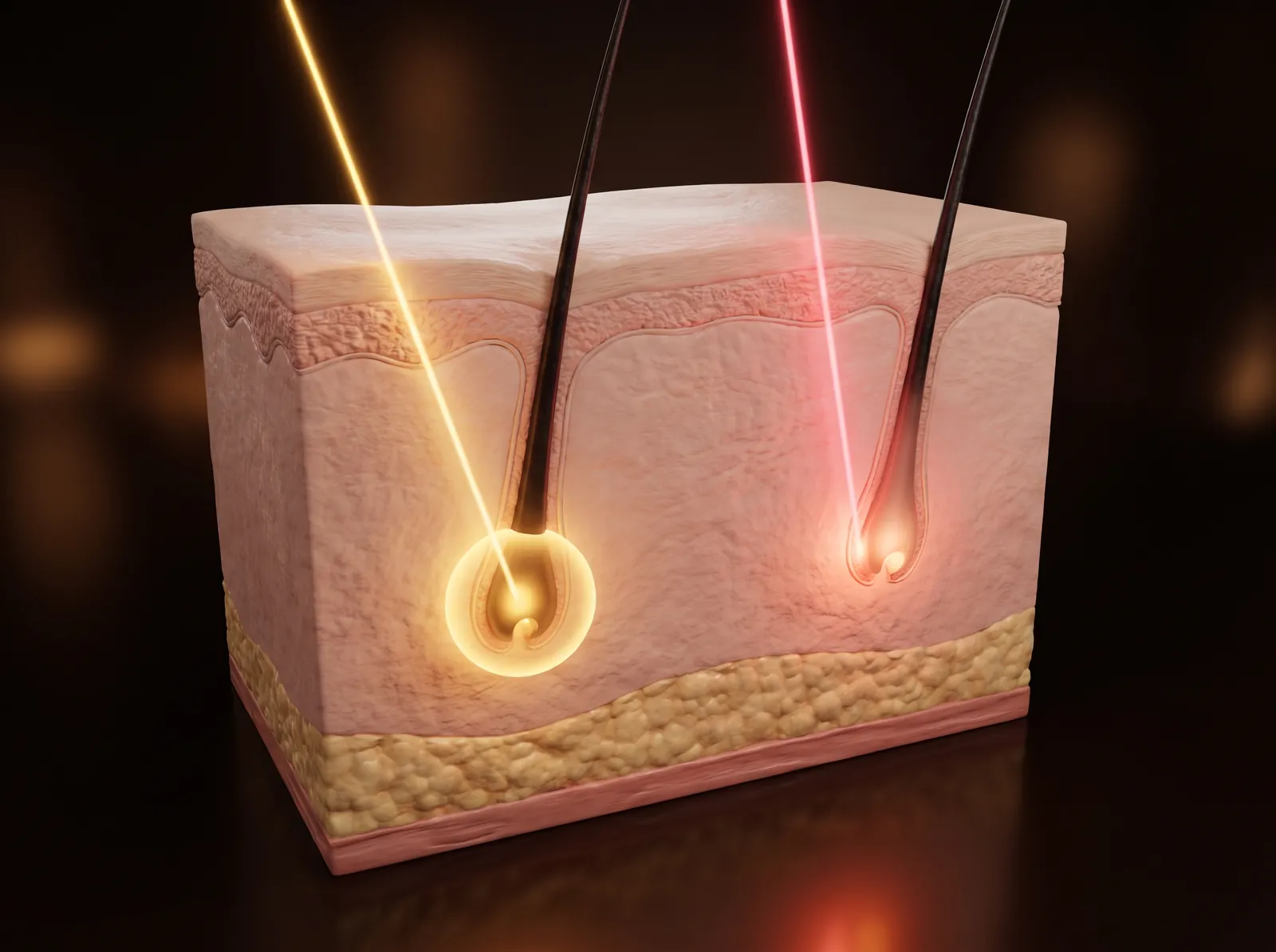 Sezione della pelle chiara: il laser alessandrite a 755 nm scalda il bulbo del pelo, il fascio a 1064 nm raggiunge il bulbo più in profondità